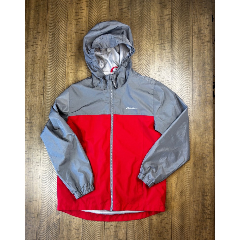 Eddie Bauer Kids Hooded Windbreaker Jacket Red Grey Colorblock Size L 14/16